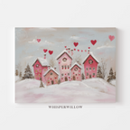 Winter love house pink hearts canvas wall art by WhisperWillow Studios home decor gift