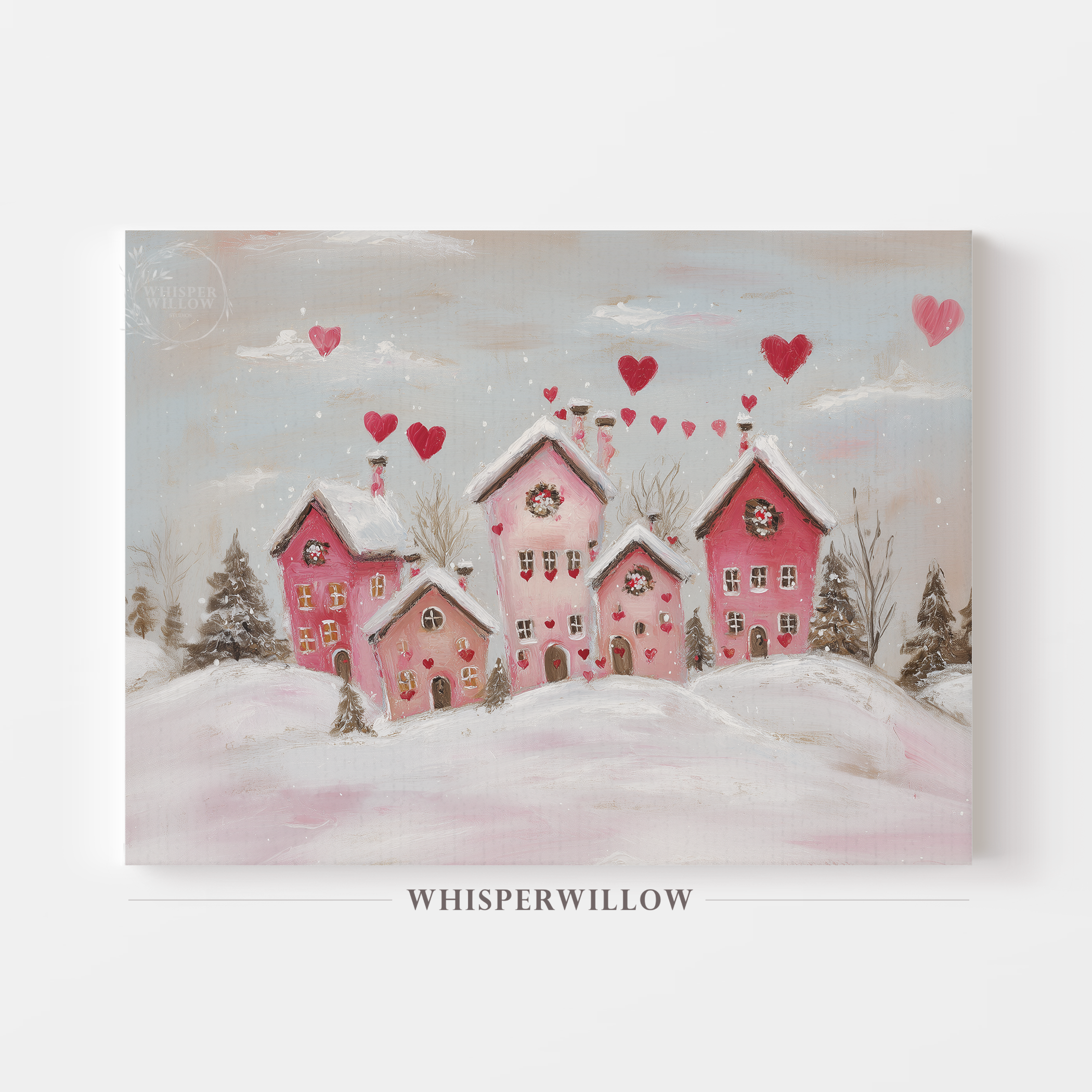 Winter love house pink hearts canvas wall art by WhisperWillow Studios home decor gift