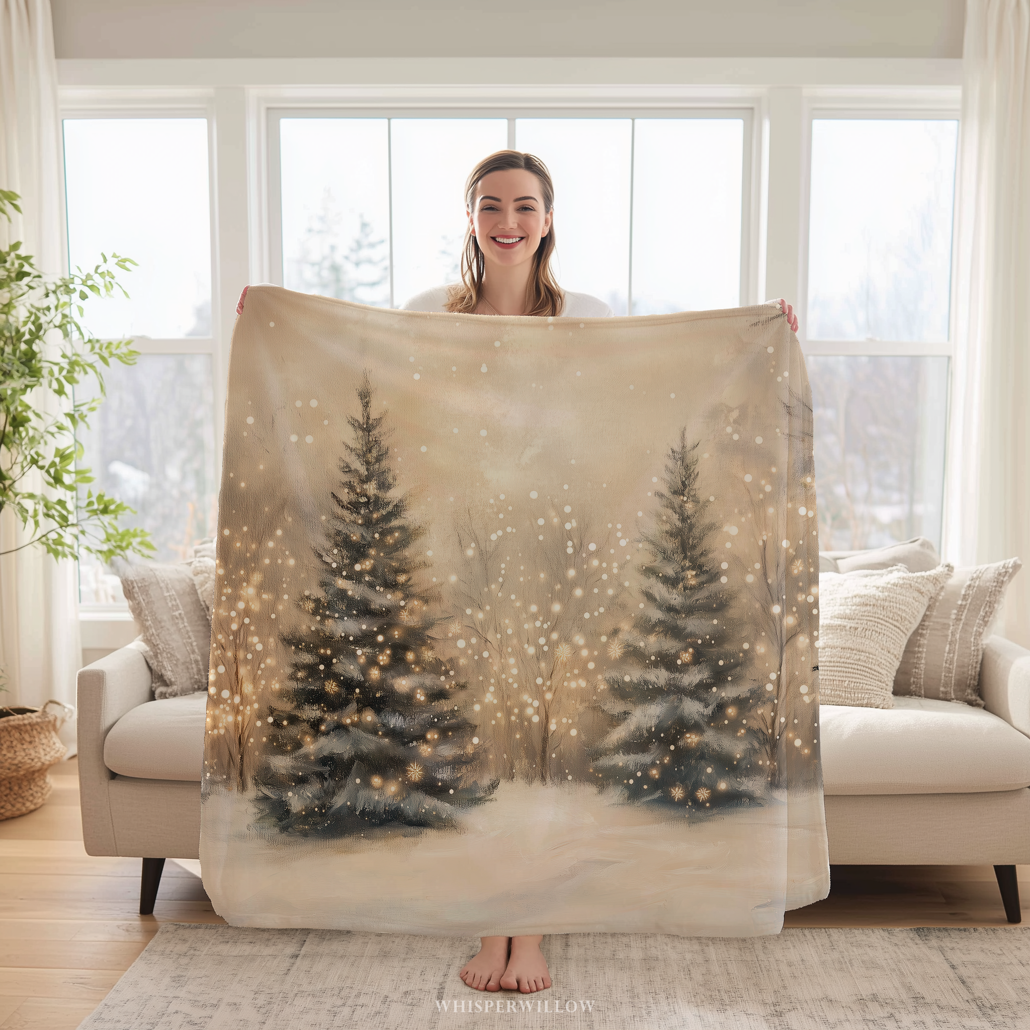 Winter Forest Throw Blanket - Snowy Trees Golden Lights by WhisperWillow Studios Home Decor Gifts