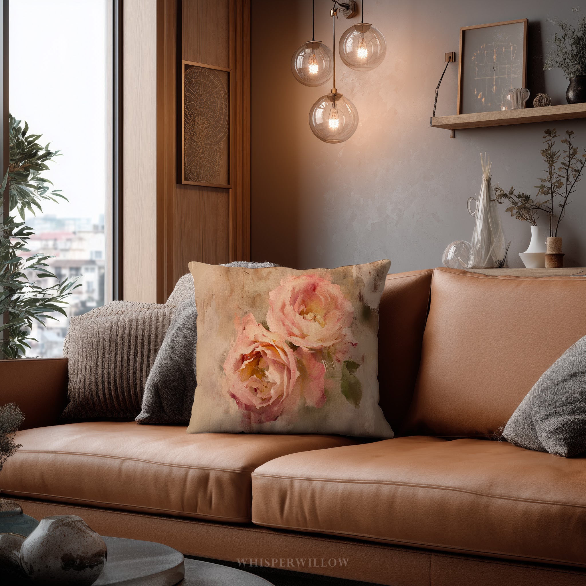 Dekokissen | Rosafarbenes Blumenmuster im Landhausstil | Romantisches Wohnaccessoire, weiches, neutrales Kissen, Geschenkidee