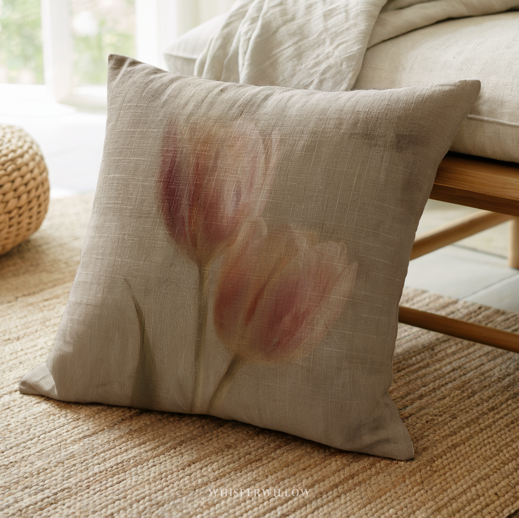 Muted Pink Tulips Throw Pillow | Vintage Floral Botanical Cushion | Farmhouse Bedroom Decor | Spring Flower Accent | Square & Lumbar