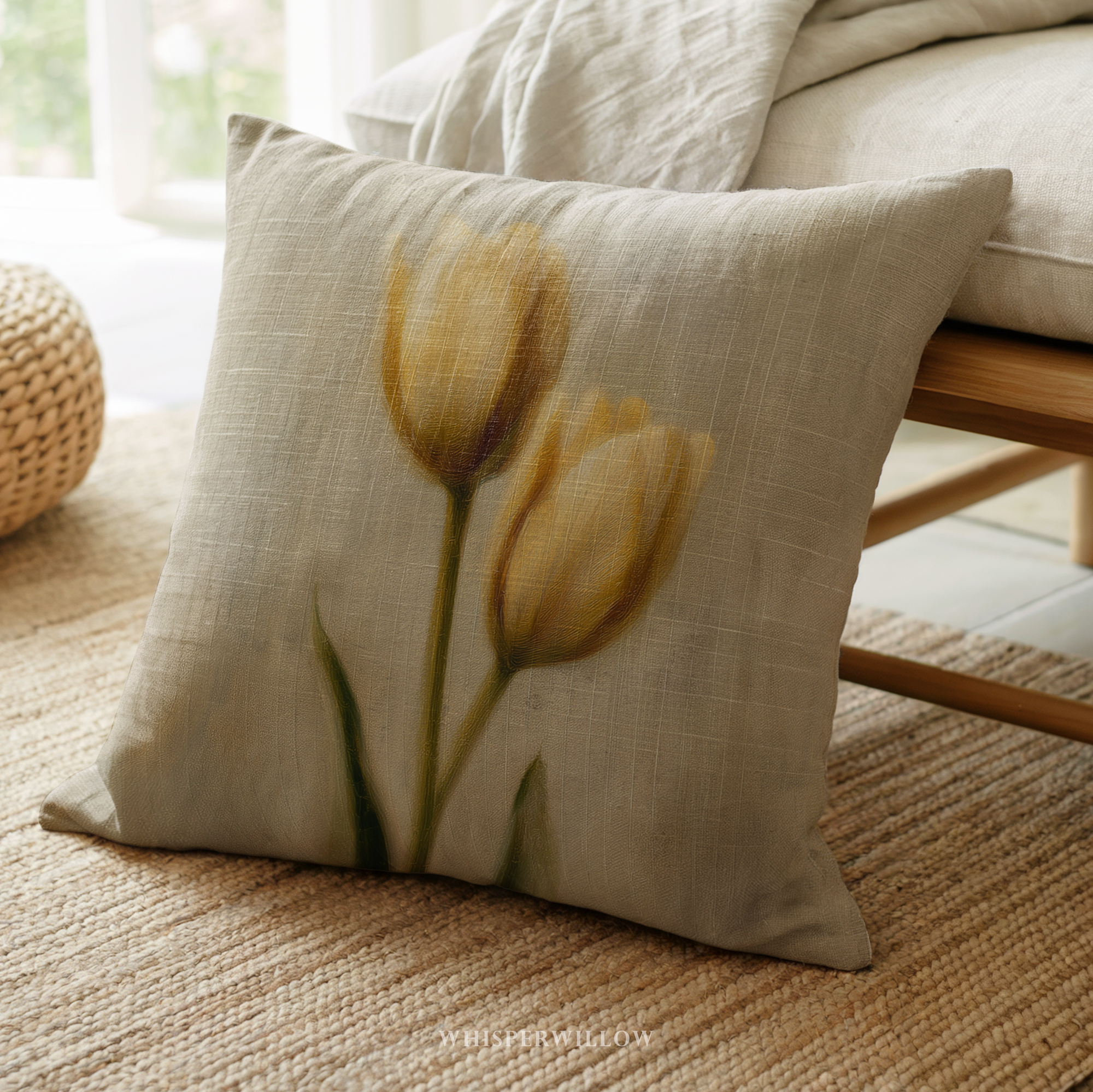 Muted Yellow Tulips Throw Pillow | Vintage Floral Botanical Cushion | Farmhouse Cottage Spring Decor | Square & Lumbar Sizes