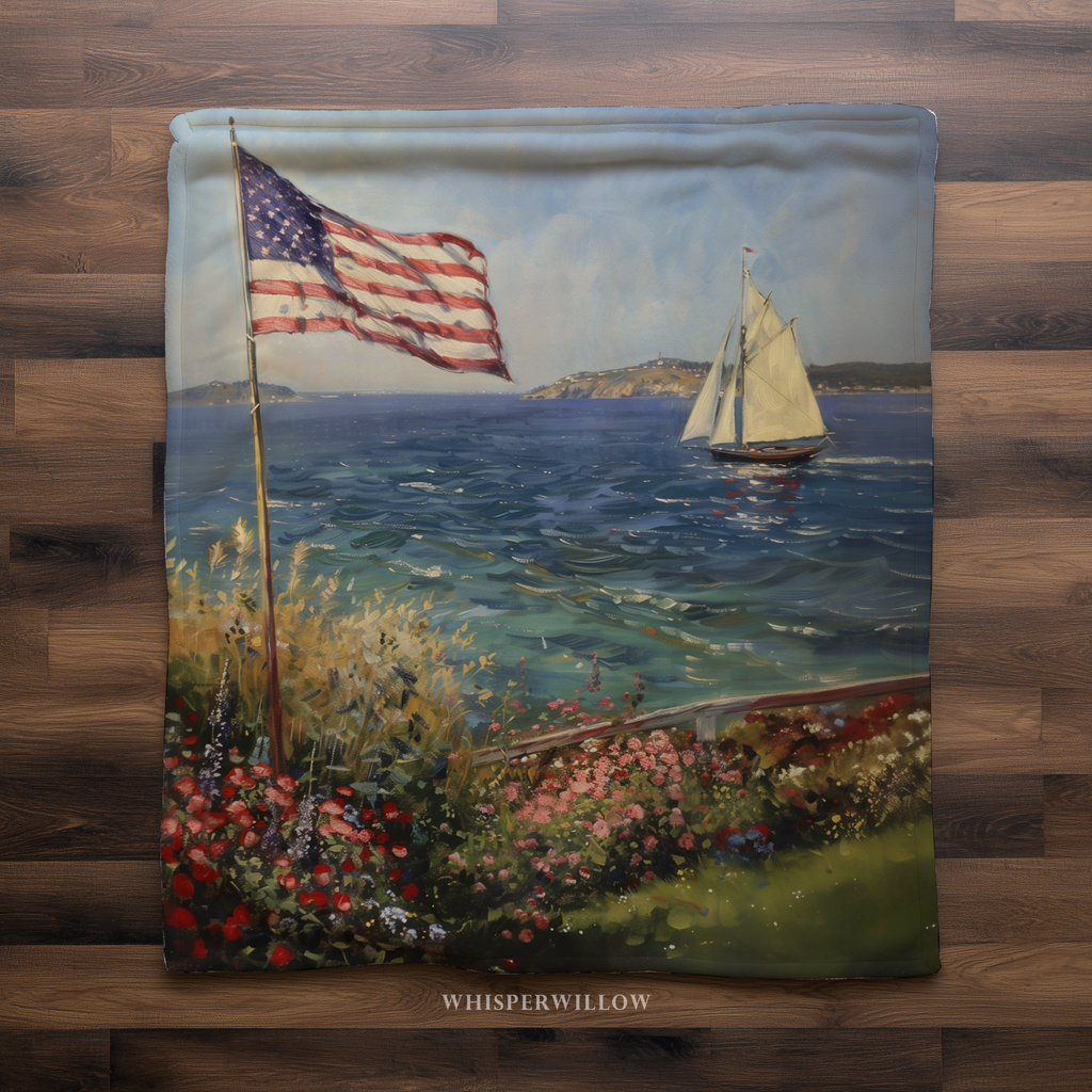 American Flag Coastal Throw Blanket - Ocean Nautical Sailboat Floral Gift