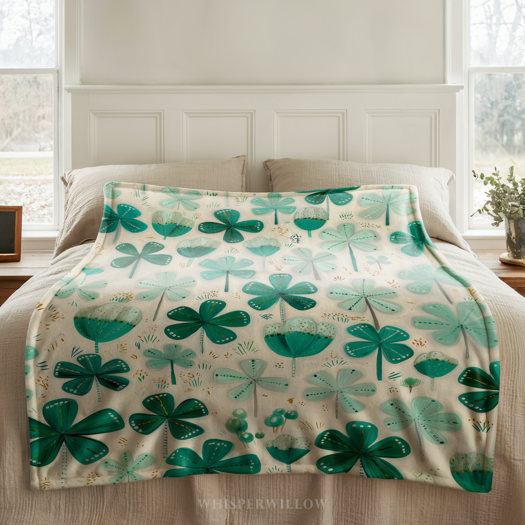 St Patrick Shamrock Clover Throw Blanket, Teal Green Floral Design, Lucky Irish Pattern, Cozy Plush Gift for Kids and Adults