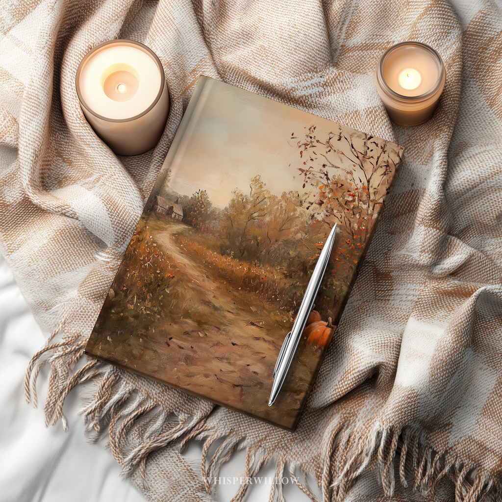 Autumn Pumpkin Path Hardcover Journal - Rustic Fall Cottage Landscape Cozy Writer Notebook by WhisperWillow Studios Home Decor Gift