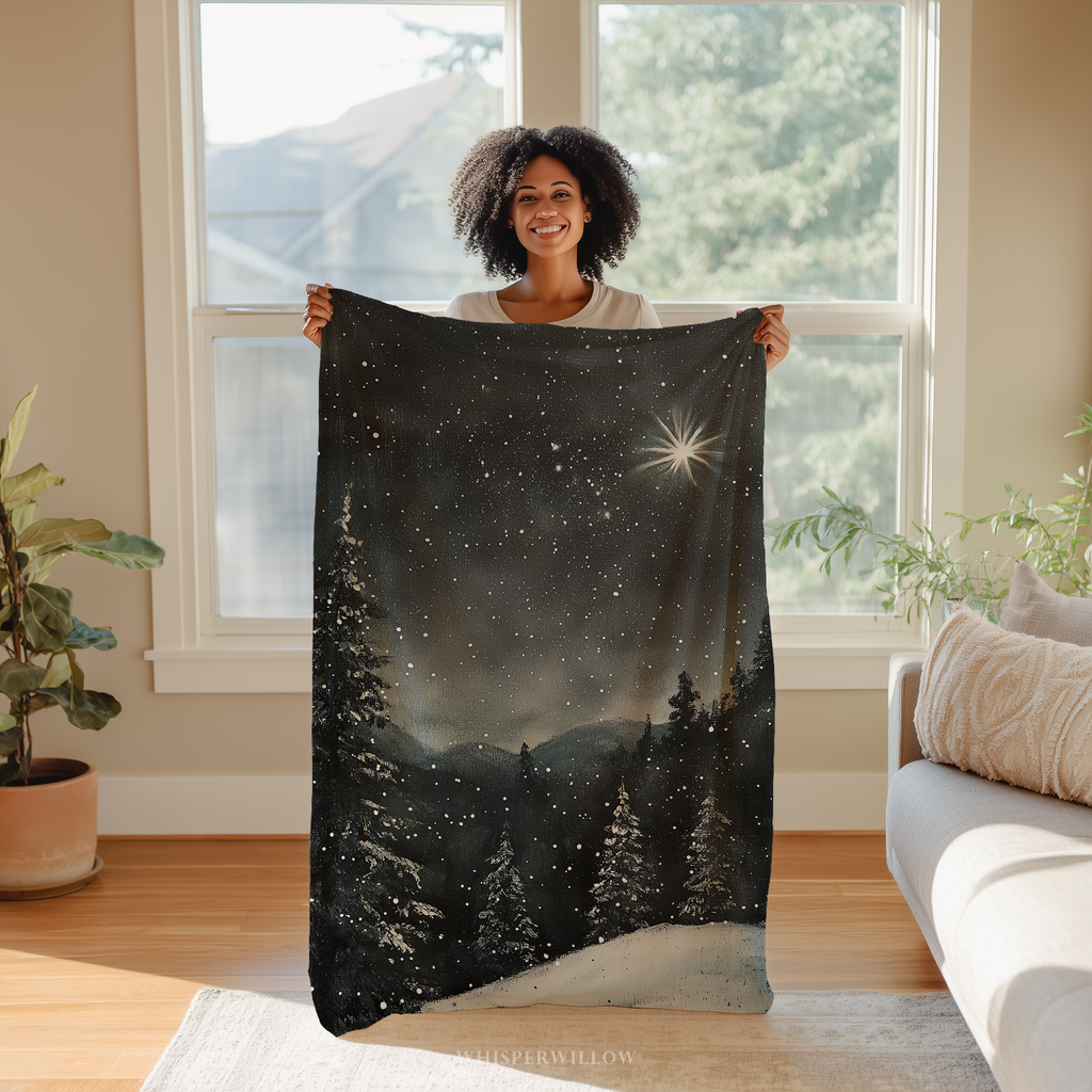 Snowy Winter Forest Throw Blanket - Night Christmas Eve Star by WhisperWillow Studios Home Decor Gift