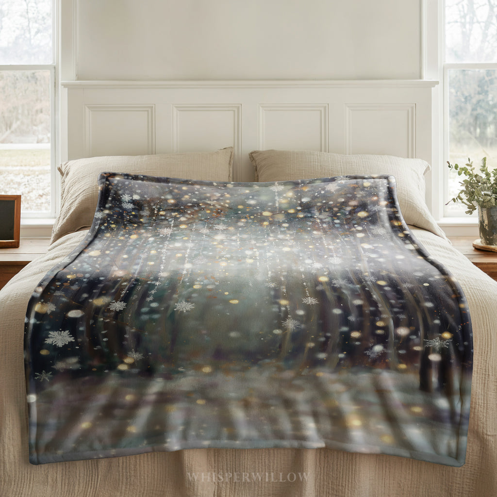 Winter Forest Snowflake Plush Throw Blanket | Glitter Look Woodland Holiday Cozy Shimmer Neutral Christmas Decor Gift