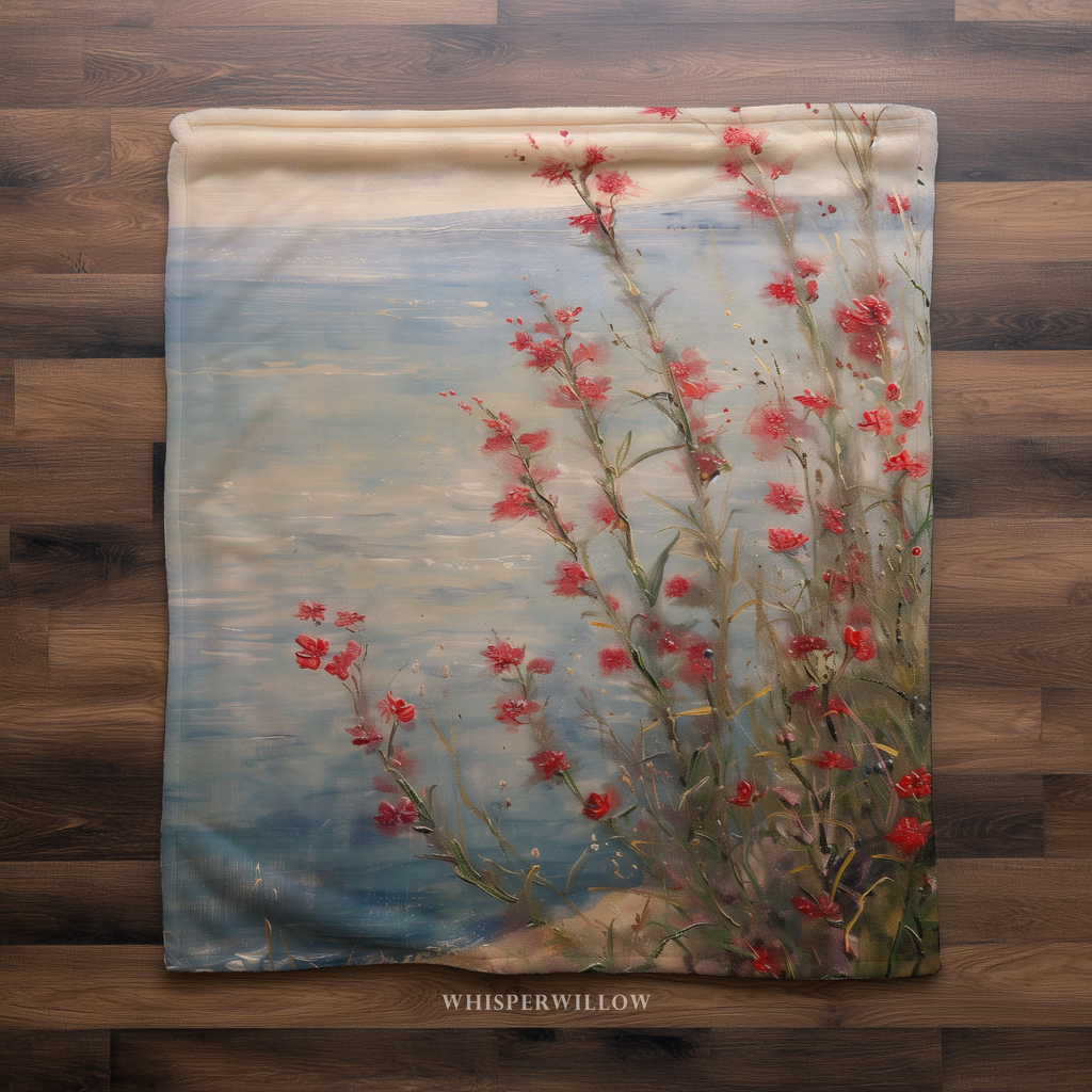 Coastal Wildflower Throw Blanket - Red Floral Seaside Ocean Gift