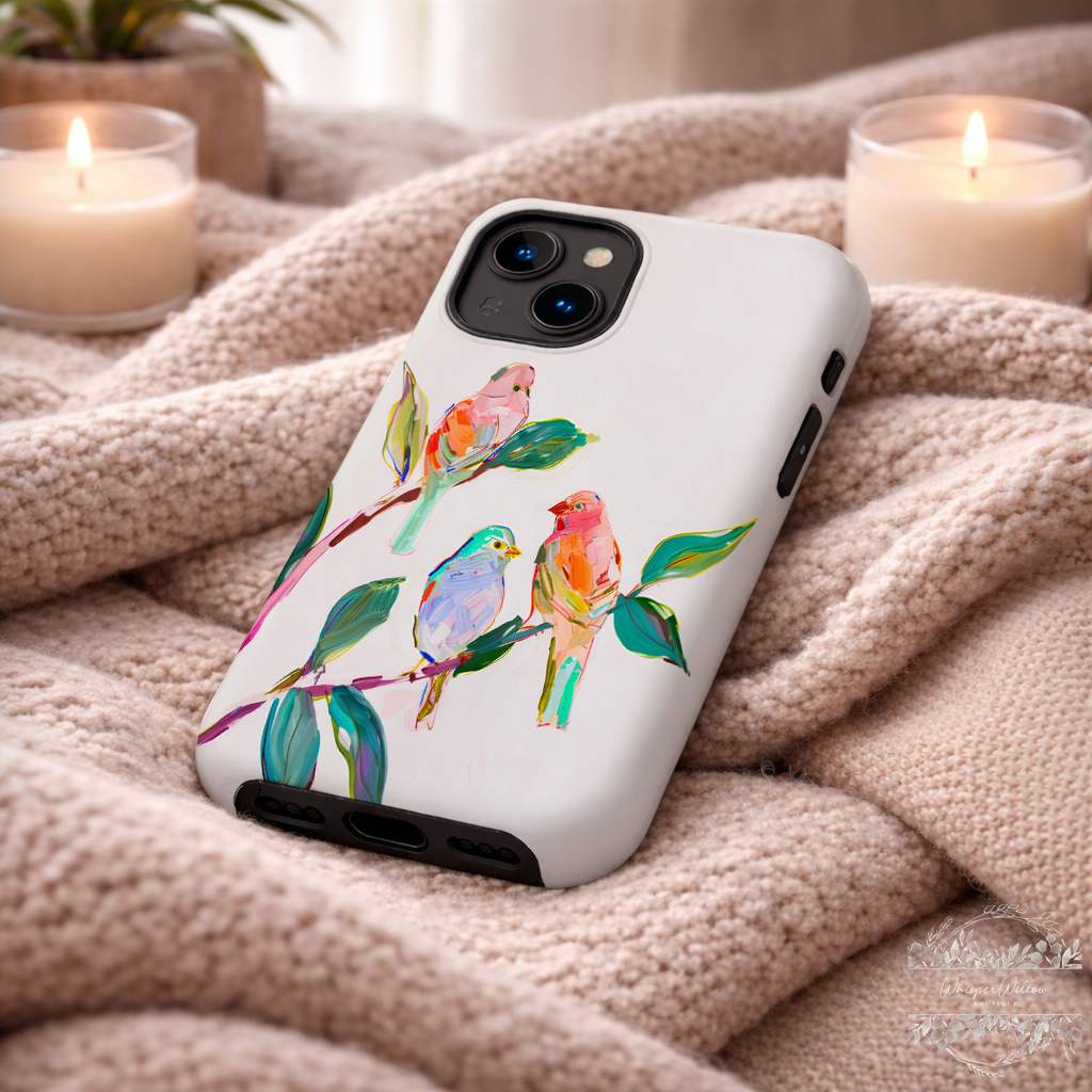 Colorful Bird Art Phone Case Compatible with iPhone | Songbird Branch Design | Cute Aesthetic Nature | Joyful Bird Lover Gift