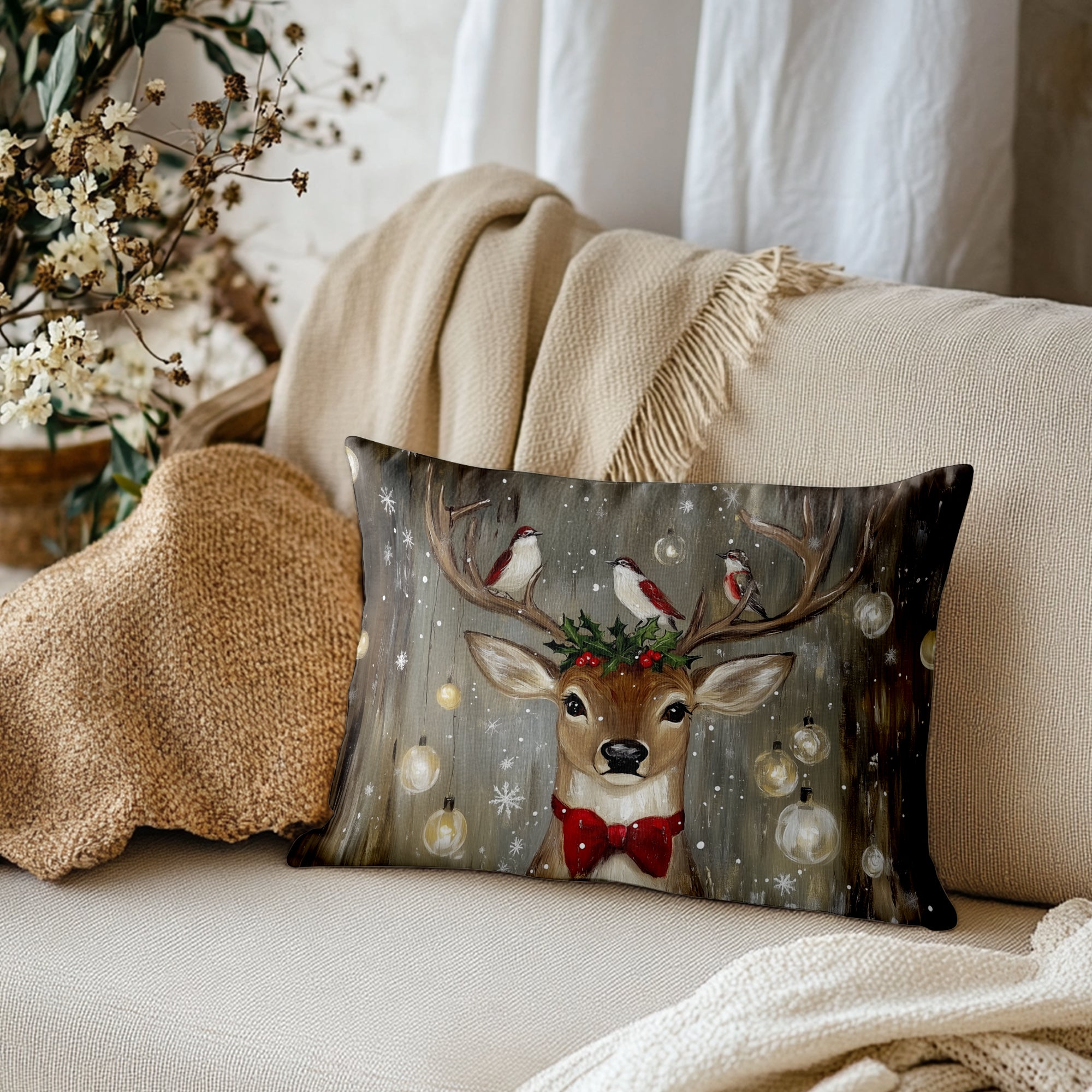Coussin décoratif de Noël avec motif de rennes et d'oiseaux et de houx
