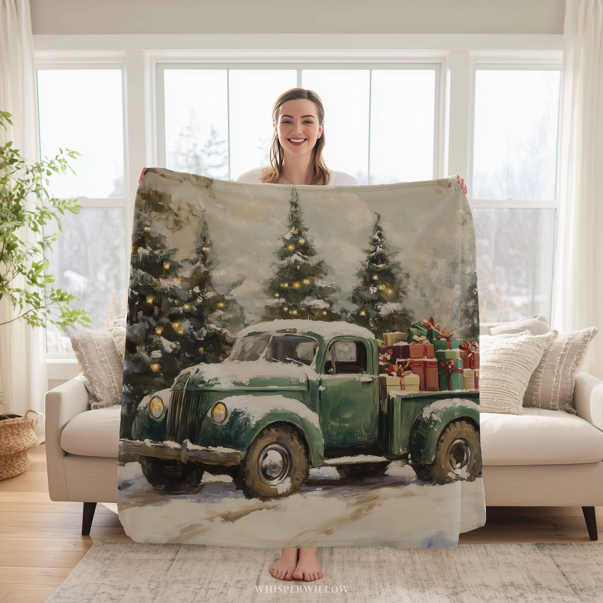 Vintage Christmas Truck Throw Blanket - Snowy Forest by WhisperWillow Studios Home Decor Gift