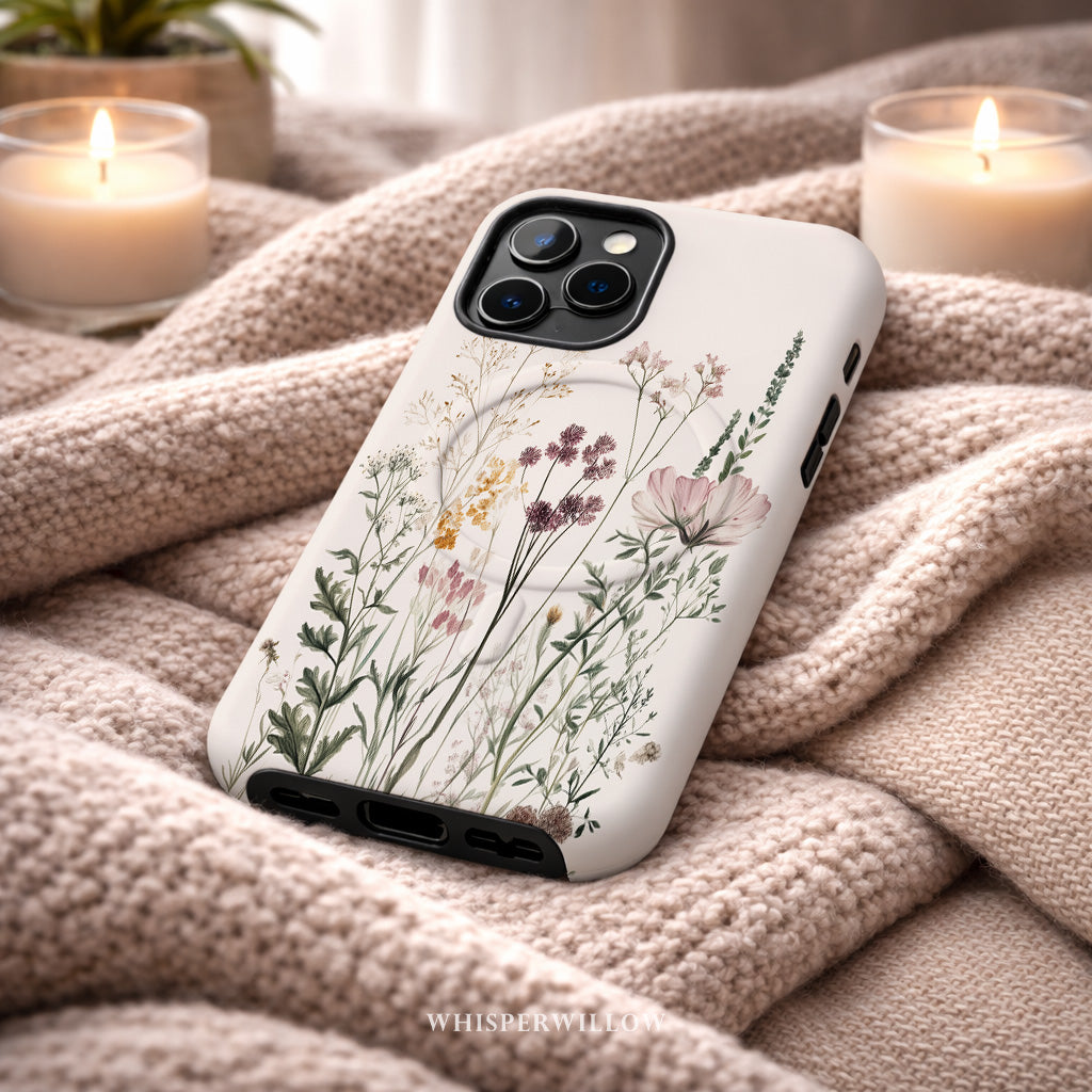 Botanical Wildflower Case Magnetic Charging Compatible with iPhone | Minimalist Vintage Floral Meadow Aesthetic Soft Nature Garden