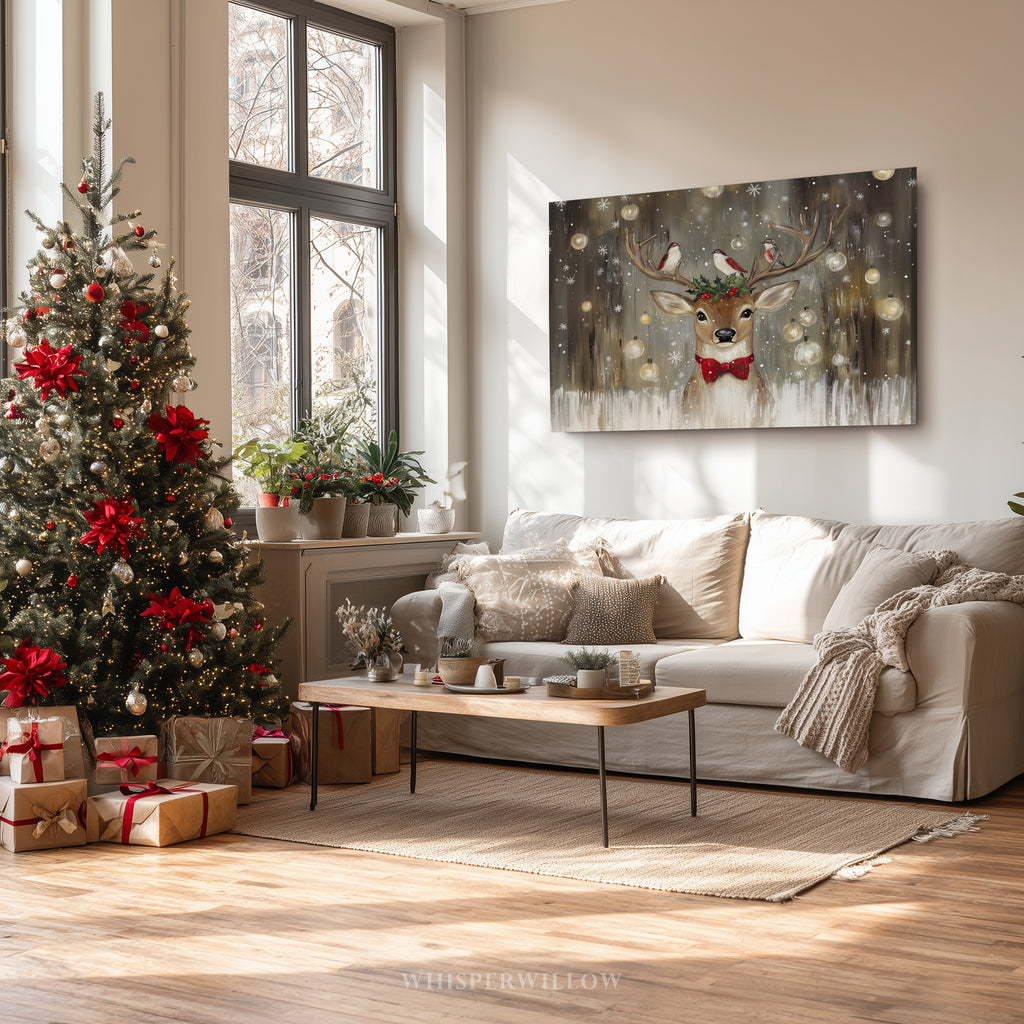 Weihnachts-Wandbild mit Rentieren und Vögeln – Rustikale rote Schleife, Stechpalme, Waldweihnachtsdeko