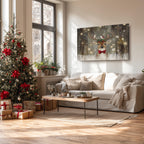 Weihnachts-Wandbild mit Rentieren und Vögeln – Rustikale rote Schleife, Stechpalme, Waldweihnachtsdeko