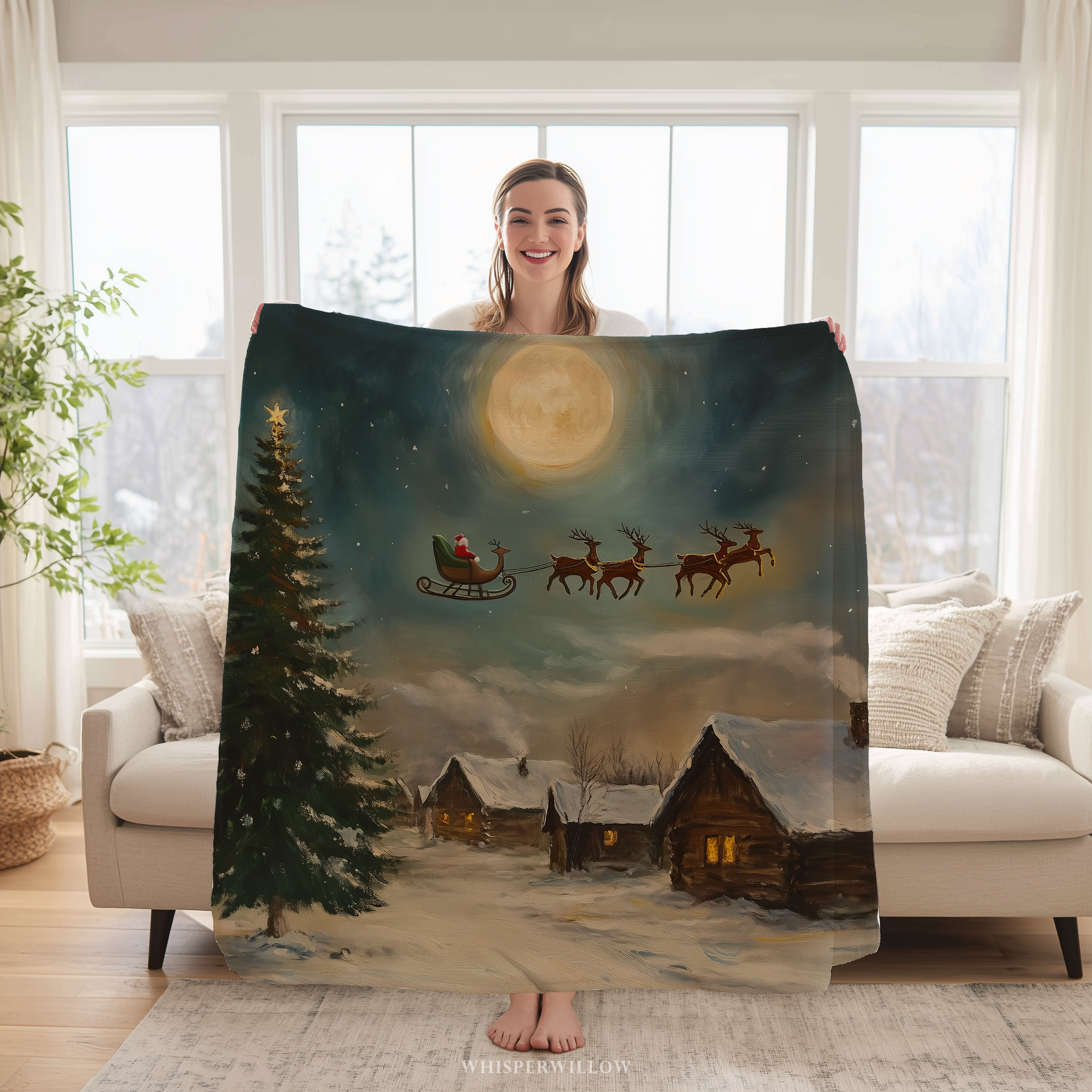 Christmas Santa Sleigh Throw Blanket - Reindeer Moonlit Village by WhisperWillow Studios Home Decor Gift