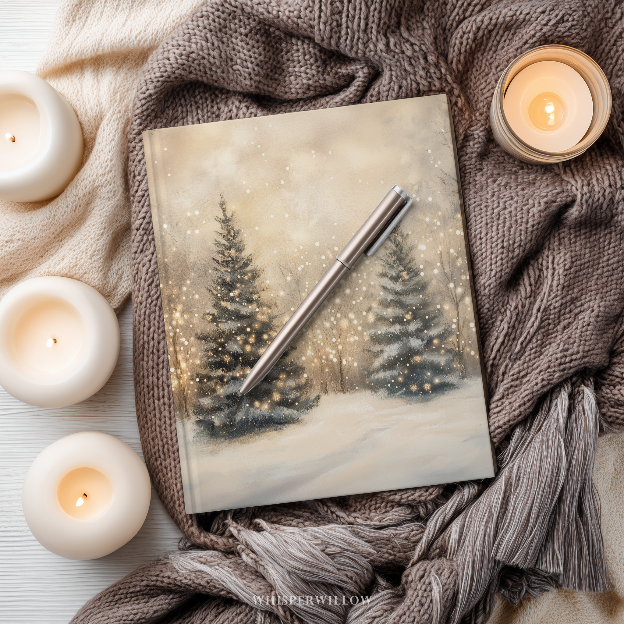 Winter Forest Hardcover Journal - Glowing Trees Snow Cozy Christmas Lights Notebook Gift