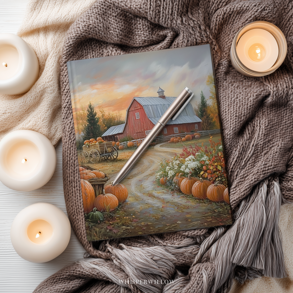 Autumn Pumpkin Farm Hardcover Journal - Red Barn Sunset Country Road Harvest Notebook by WhisperWillow Studios Gift