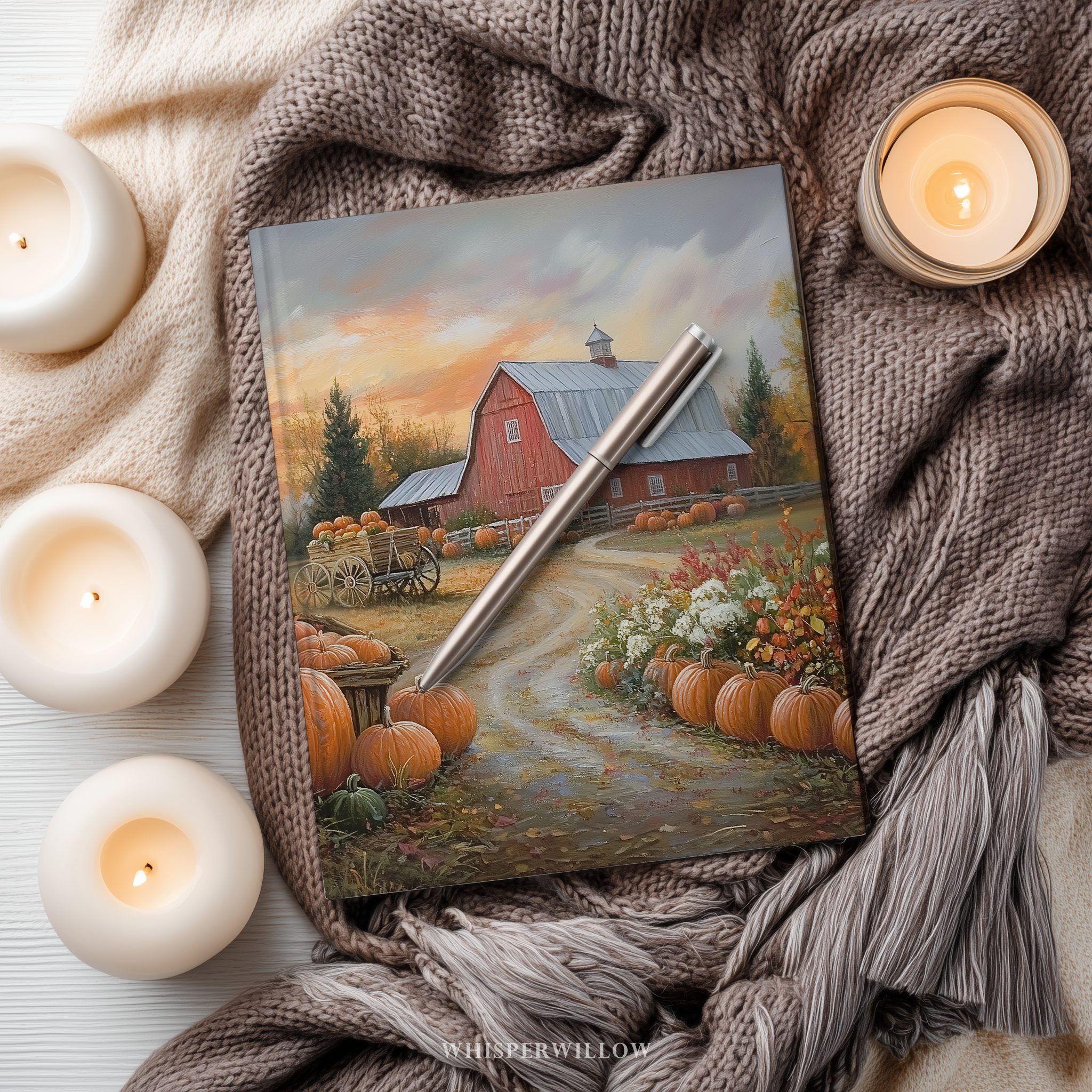 Autumn Pumpkin Farm Hardcover Journal - Red Barn Sunset Country Road Harvest Notebook by WhisperWillow Studios Gift