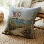 Patriotic American Flag Throw Pillow, Seaside Sailboat Wildflower Design, Independence Day Cushion, 4th of July Home Decor Gift