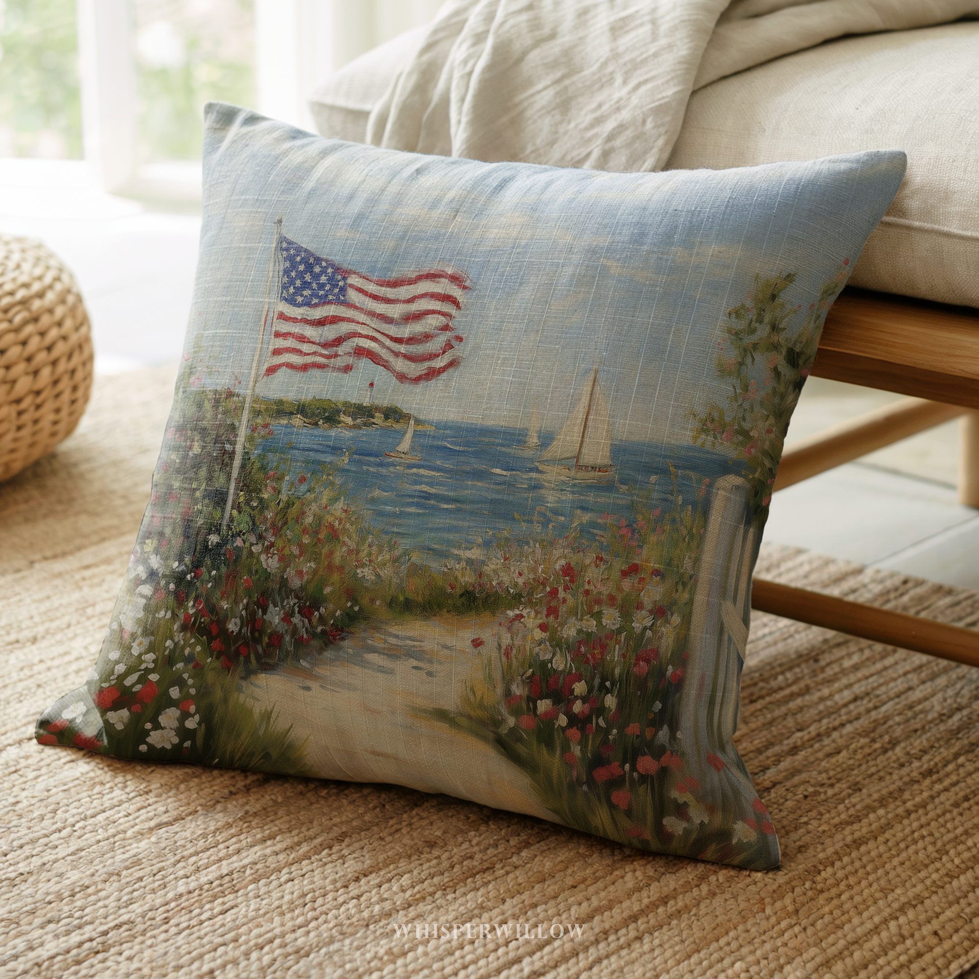 Patriotic American Flag Throw Pillow, Seaside Sailboat Wildflower Design, Independence Day Cushion, 4th of July Home Decor Gift