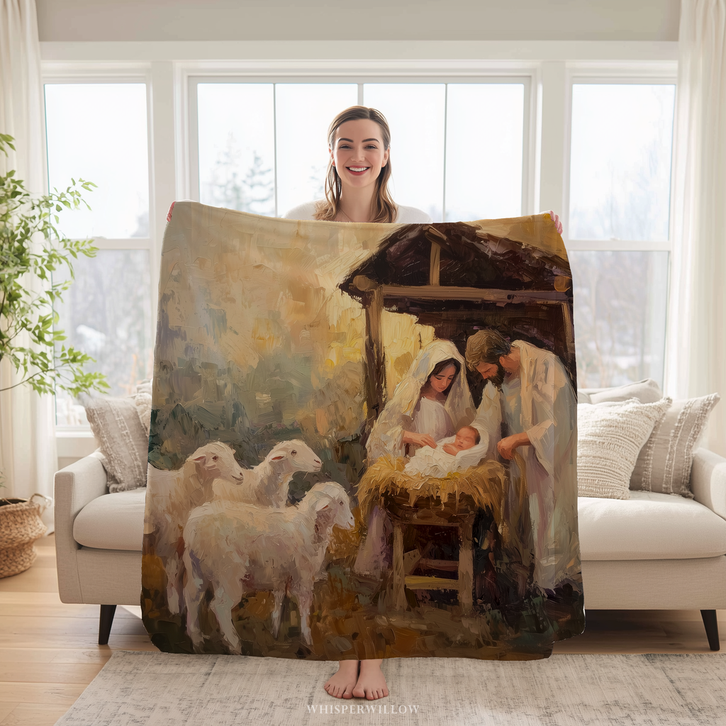 Nativity Christmas Throw Blanket - Holy Family Manger by WhisperWillow Studios Home Decor Gift