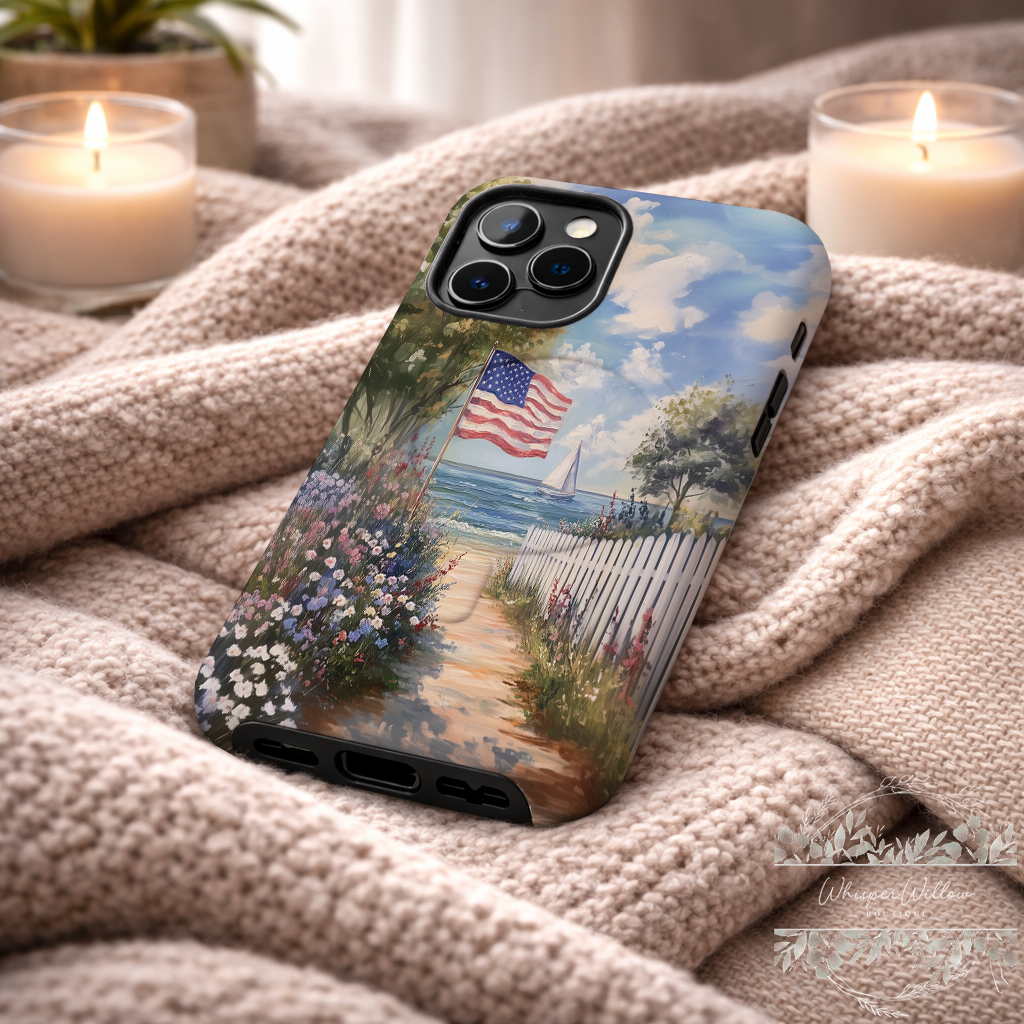 Coastal Aesthetic Phone Case | Compatible with iPhone MagSafe Charging | American Flag Beach Path Art | Patriotic Ocean Landscape