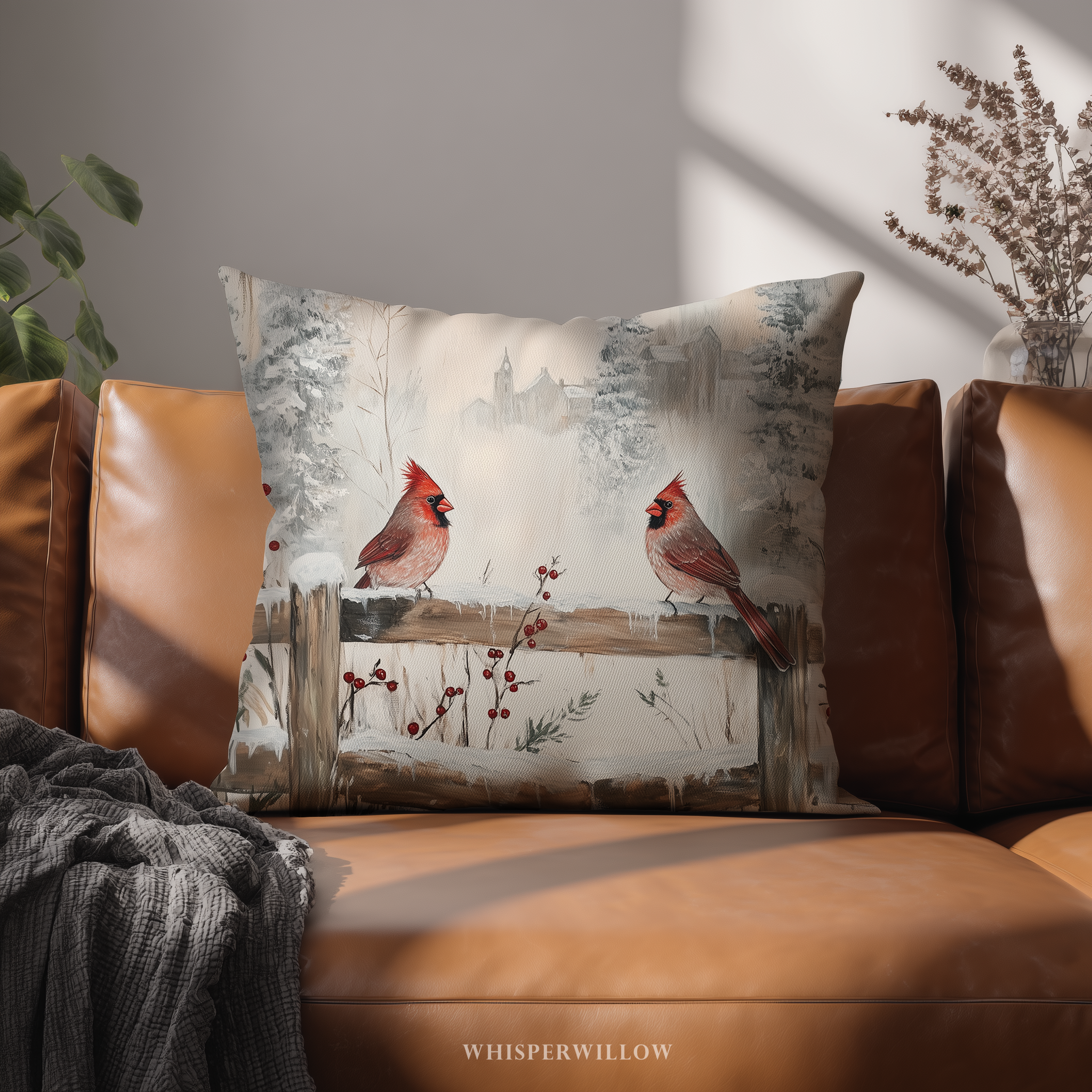Dekokissen mit Winterkardinalen – Rustikales Weihnachtskissen im verschneiten Landhausstil