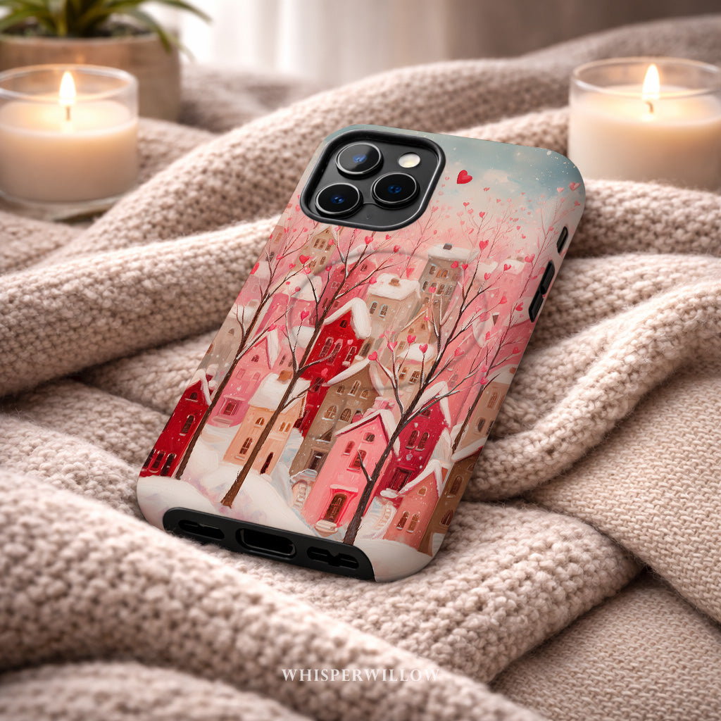 Romantic Winter Village Phone Case | Compatible with MagSafe & iPhone | Pink Heart Snow Town Aesthetic Protective Cover