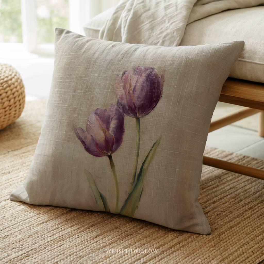Muted Purple Tulips Throw Pillow | Botanical Floral Cushion | Neutral Beige Vintage Garden Decor | Minimalist Spring Accent