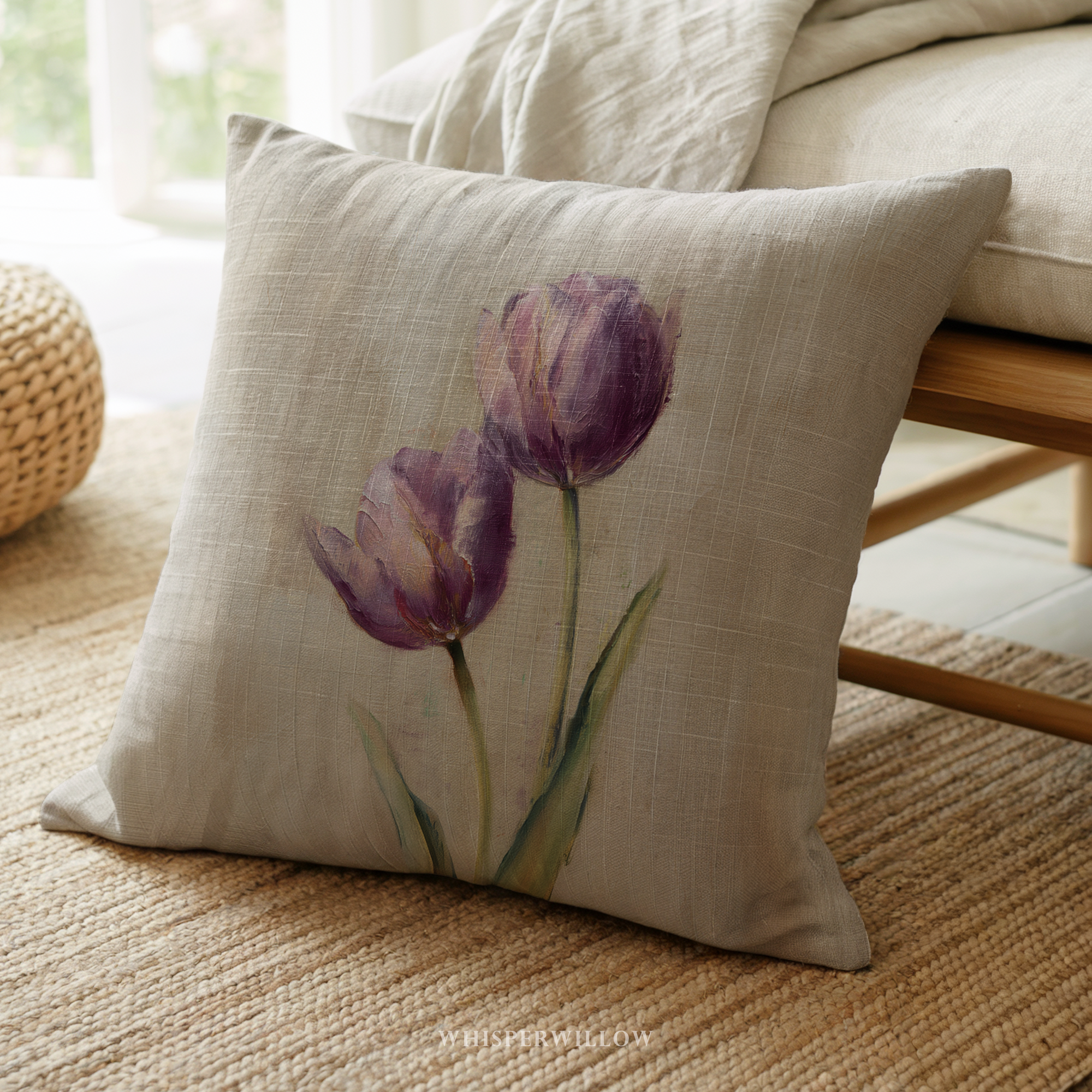 Muted Purple Tulips Throw Pillow | Botanical Floral Cushion | Neutral Beige Vintage Garden Decor | Minimalist Spring Accent
