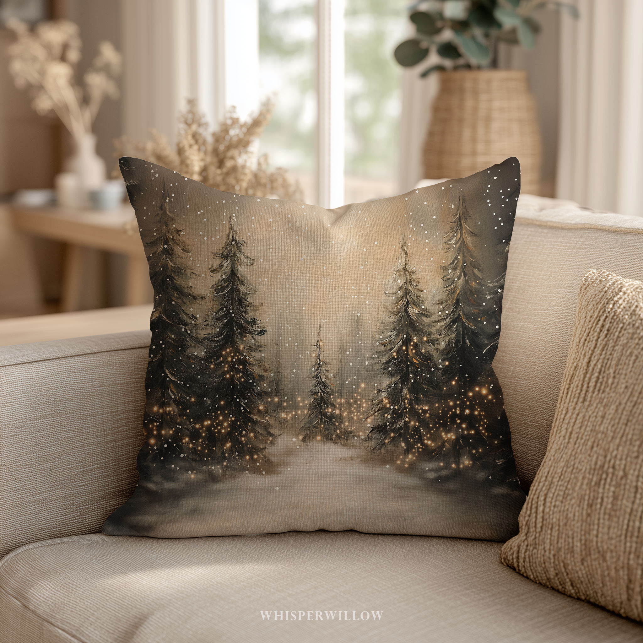 Winter Forest Scene Throw Pillow - Cozy Christmas Tree Lights Throw Pillow by WhisperWillow Studios Home Decor Gift