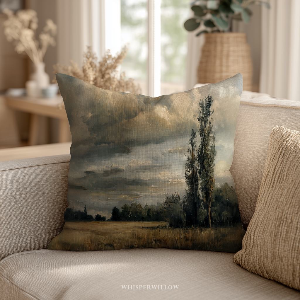 Dekokissen „Stimmungsvolles Landhaus“ – Gewitterlandschaft mit Feld und Baum