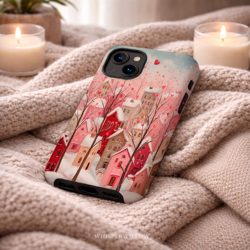 Romantic Winter Village Aesthetic Phone Case – Compatible with iPhone Models | Snowy Pink Heart Art
