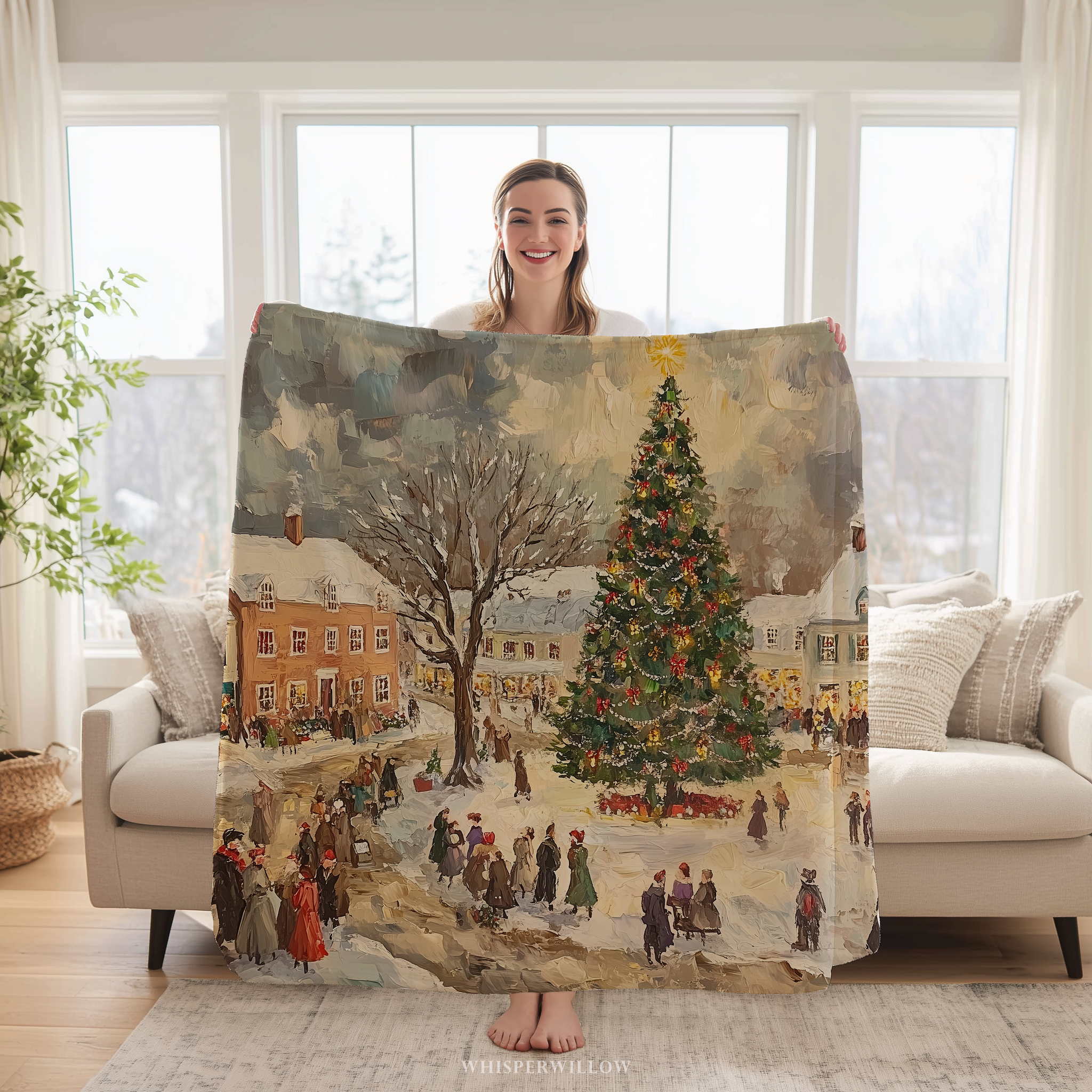 Vintage Christmas Village Throw Blanket - Winter Holiday Snowy Town by WhisperWillow Studios Home Decor Gift