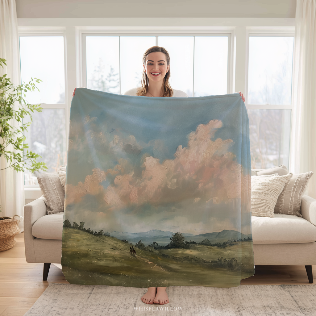 Pastoral Landscape Throw Blanket - Rolling Hills Horse Rider by WhisperWillow Studios Home Decor Gift