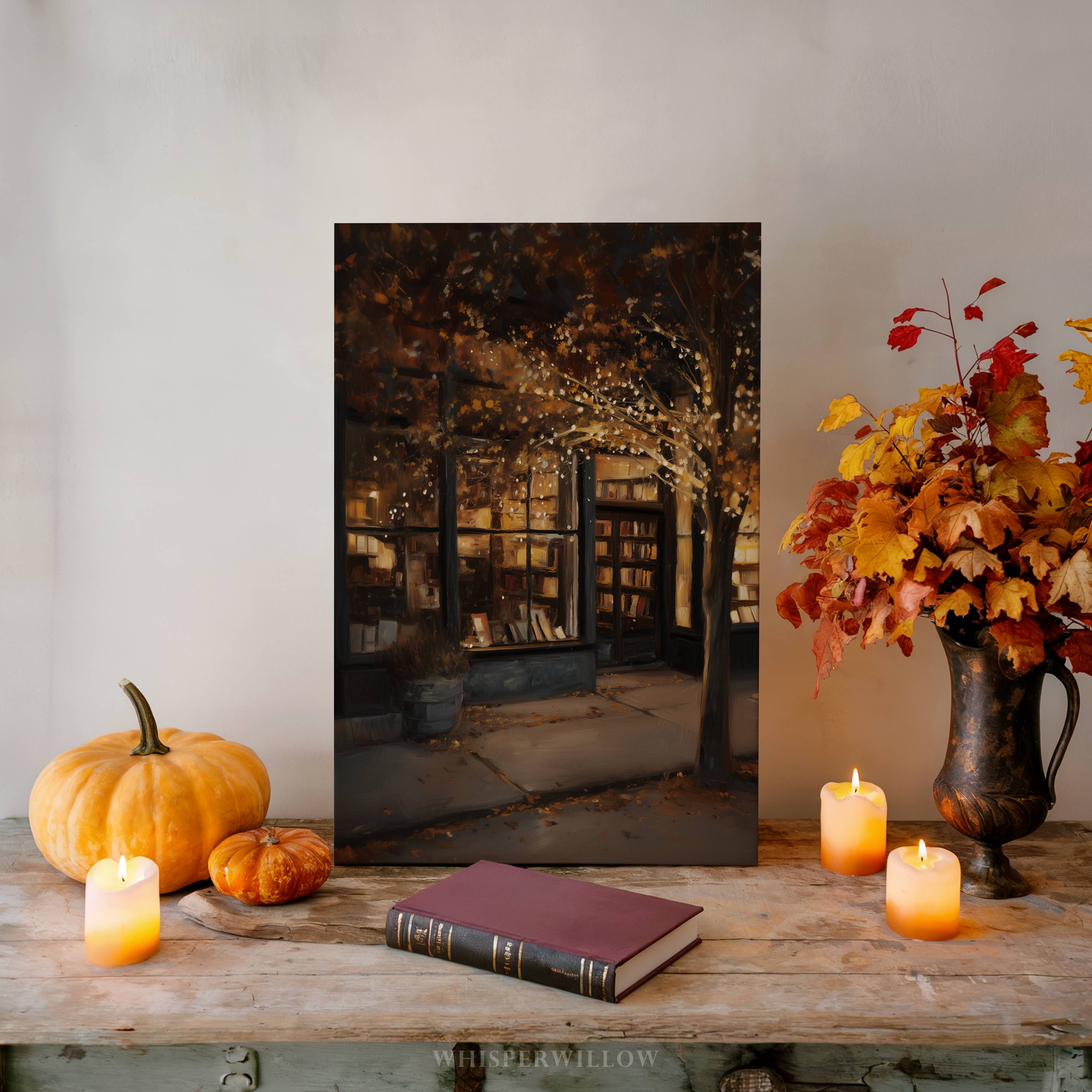 Gemütliches Buchladen-Leinwandbild – Romantischer Cottagecore-Herbstweihnachtsbaum