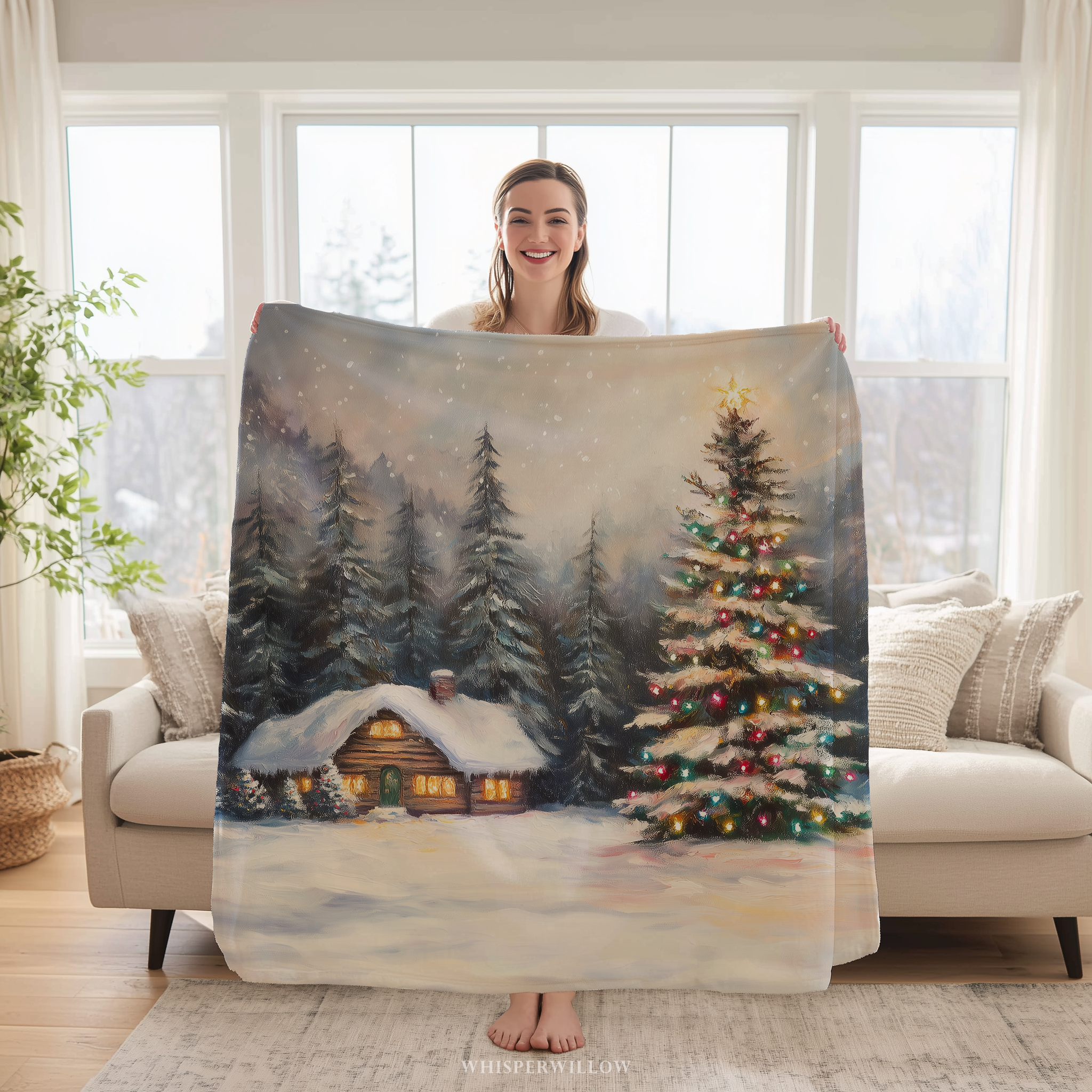 Christmas Tree Cabin Throw Blanket - Snowy Pine Forest by WhisperWillow Studios Home Decor Gift