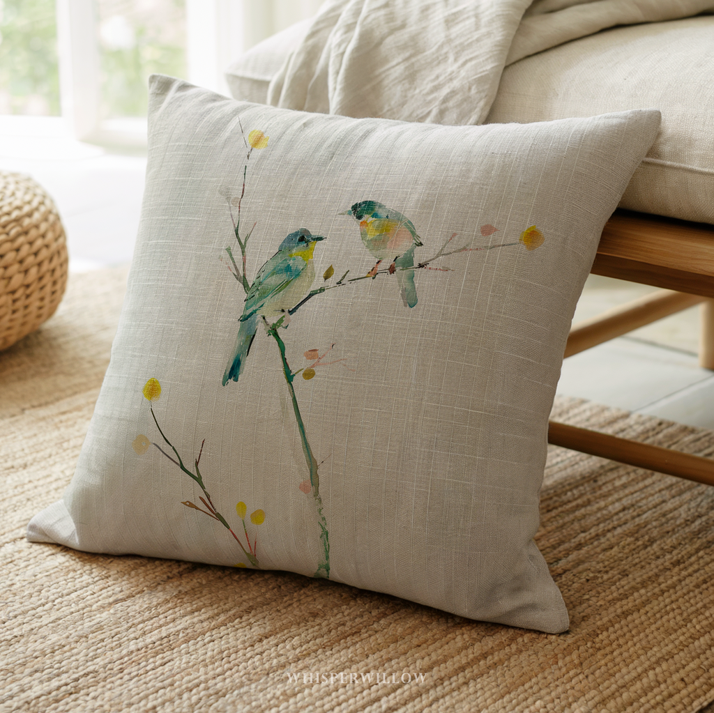 Watercolor Bird Throw Pillow and Case - Blue Yellow Spring Branch Accent Cushion Nature Decor Gift