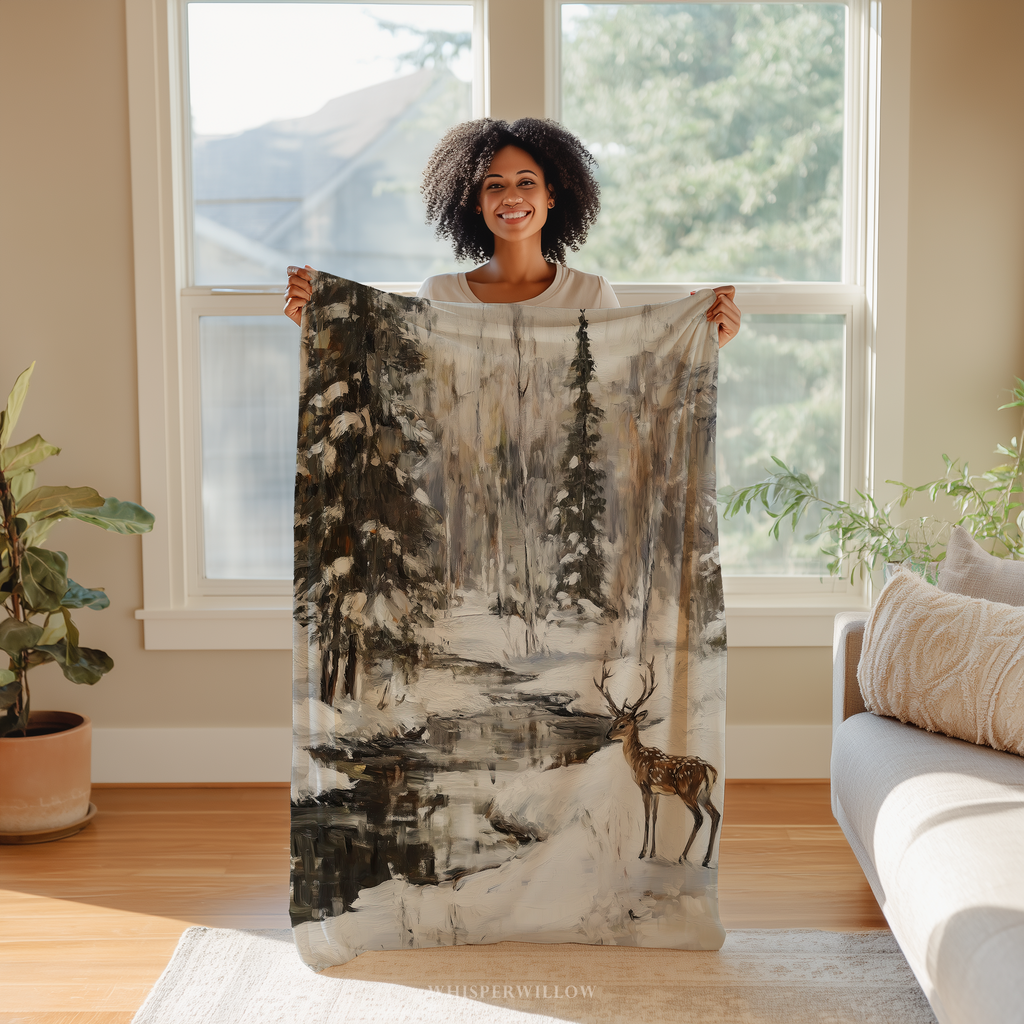 Winter Deer Forest Throw Blanket - Snowy Woodland Stream by Whisper Willow Studios Home Decor Gift