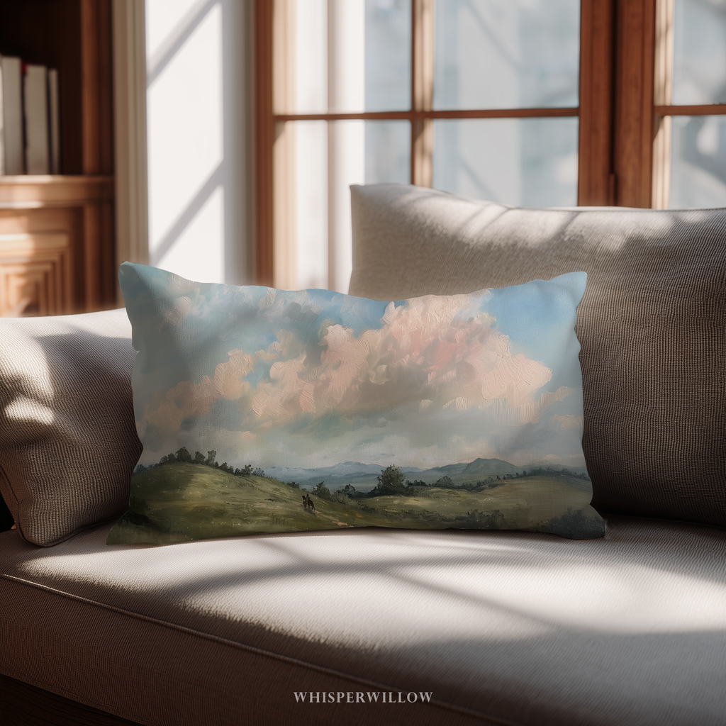 Dekokissen „Landschaftspferdewiese“ – Pastellfarbenes Wolkenlandschaftskissen