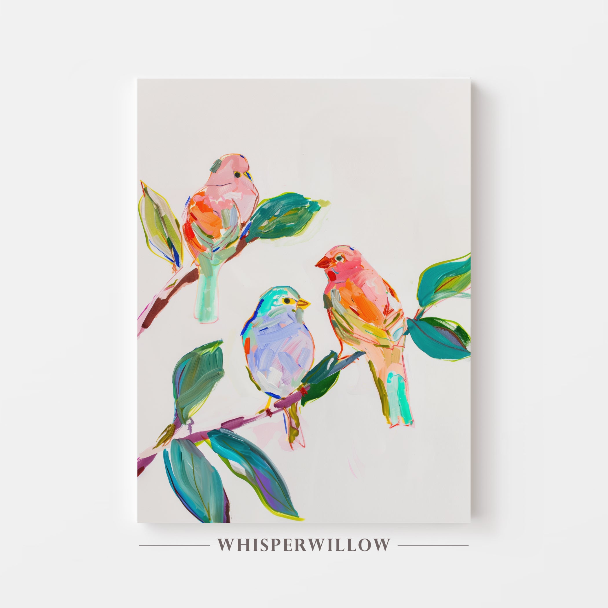 Leinwandbild mit Wildvögeln | Farbenfrohe Singvögel auf einem Ast | Lebendiges Naturdeko-Geschenk