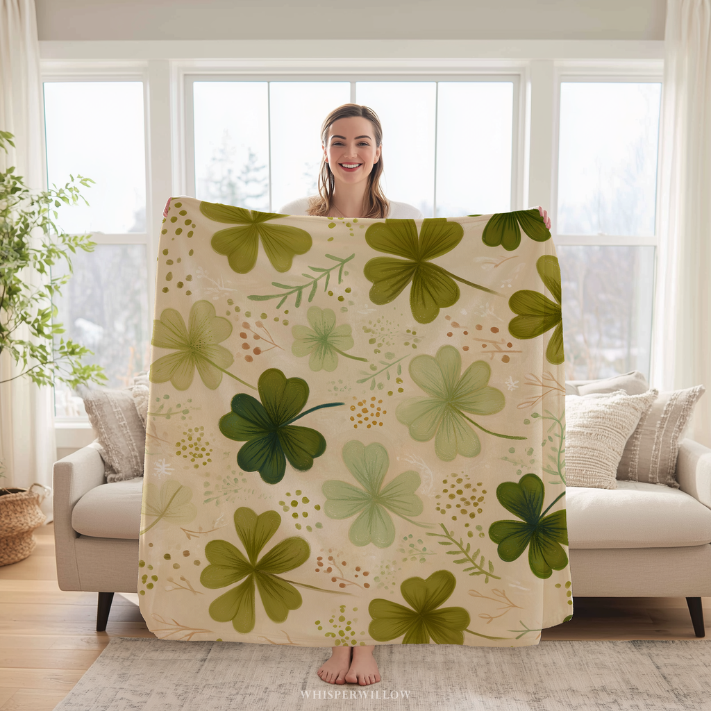 St Patricks Day Plush Throw Blanket, Shamrock Clover Green Floral Botanical, St Paddy Cozy Home Decor, Gift for Kids and Adults by WhisperWillow Studios Home Decor 