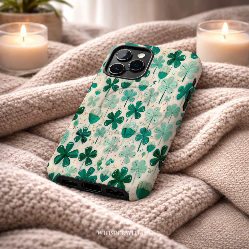 Teal Shamrock Magnetic Phone Case | Compatible with iPhone | Lucky Four Leaf Clover Cover