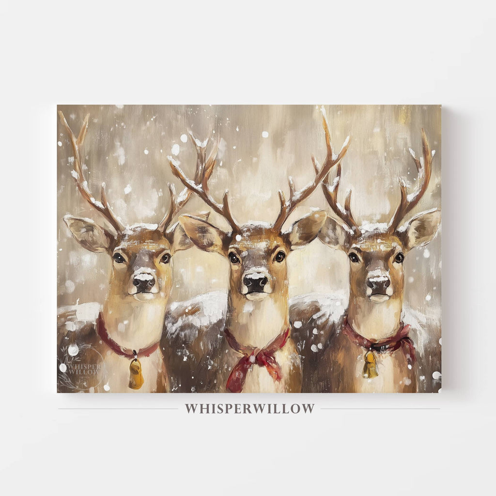 Snowy Holiday Reindeer Trio Canvas Wall Art Christmas Winter Home Decor Gift
