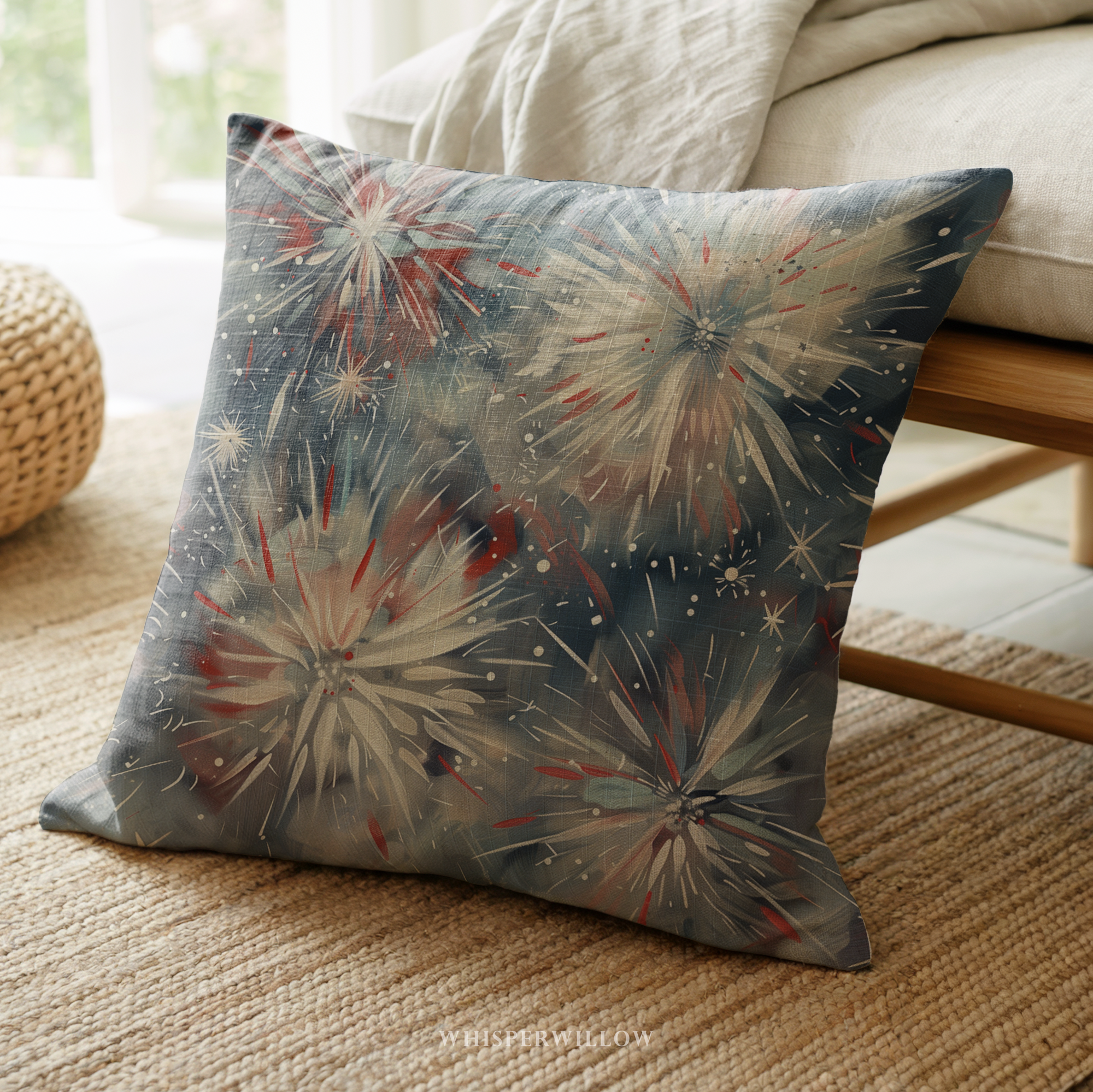 Abstract Fireworks Floral Throw Pillow and Case - Red White Blue Patriotic Home Decor by WhisperWillow Studios Gift