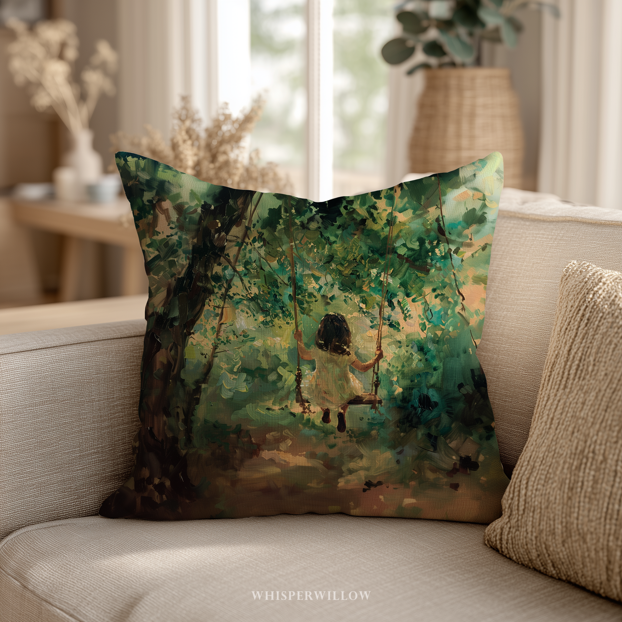 Kissen „Kind auf Baumschaukel“ – Kissen „Verzauberter Vintage-Wald“