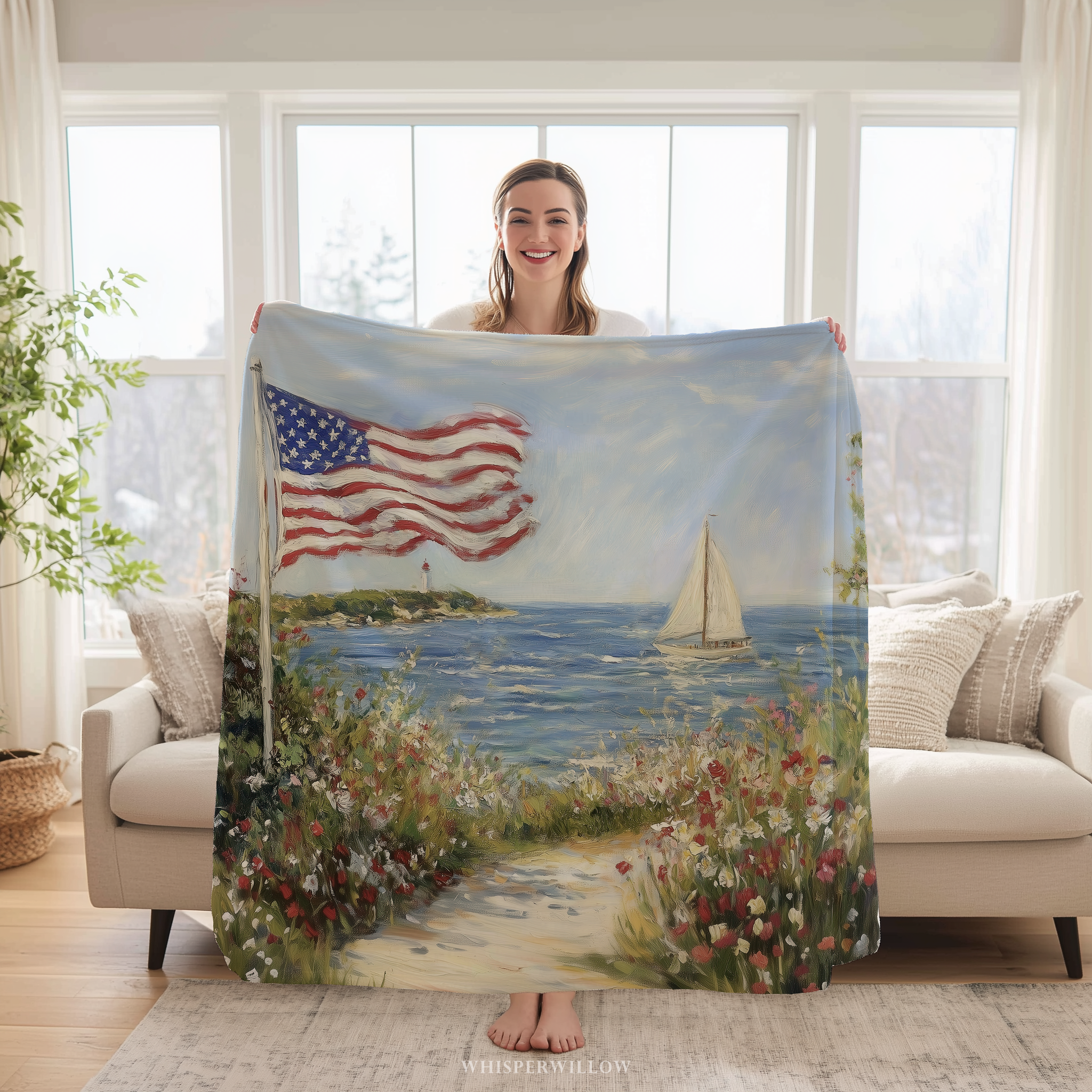 American Flag Coastal Throw Blanket - Sailboat Lighthouse Wildflower Gift by WhisperWillow Studios Home Decor Gift