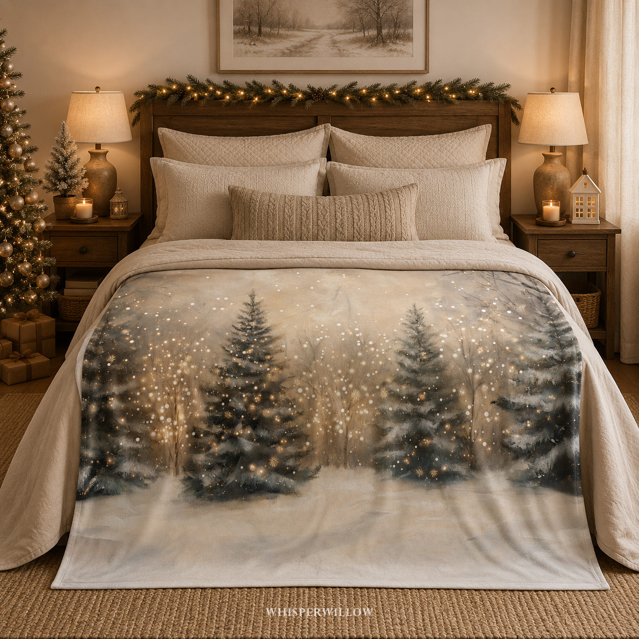 Winter Forest Throw Blanket - Snowy Trees Golden Lights Gift