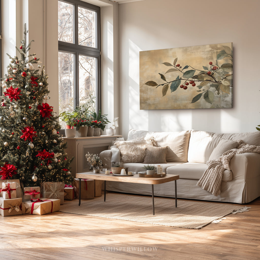 Leinwandbild | Rustikaler Zweig mit roten Beeren | Weihnachts- und Herbstdekoration