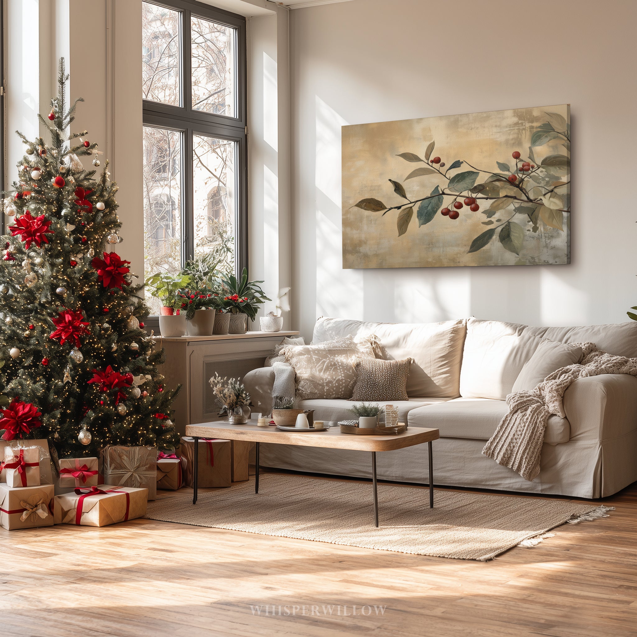 Leinwandbild | Rustikaler Zweig mit roten Beeren | Weihnachts- und Herbstdekoration